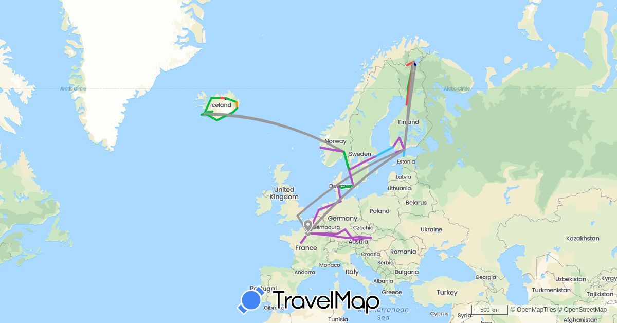 TravelMap itinerary: driving, bus, plane, train, hiking, boat, hitchhiking in Austria, Germany, Denmark, Estonia, Finland, France, Iceland, Netherlands, Norway, Sweden, Slovakia (Europe)